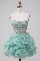 Load image into Gallery viewer, Floral Mint Green Corset Ruffled A Line Mini Cocktail Dress