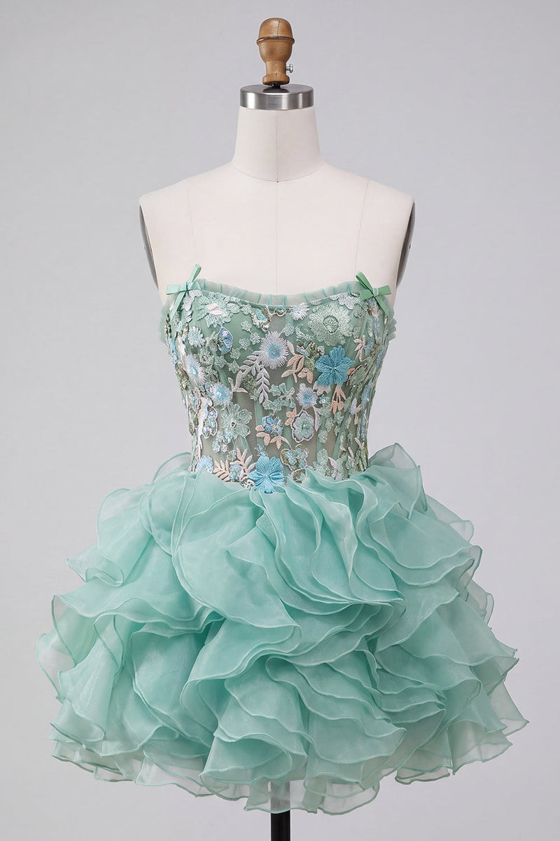 Load image into Gallery viewer, Floral Mint Green Corset Ruffled A Line Mini Cocktail Dress