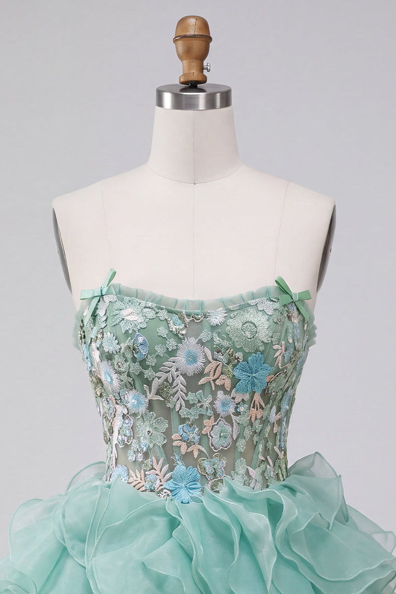 Load image into Gallery viewer, Floral Mint Green Corset Ruffled A Line Mini Cocktail Dress