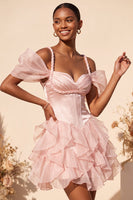 Load image into Gallery viewer, Pink Corset Cold Shoulder Ruffled A Line Short Cocktail Dress