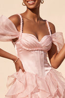 Load image into Gallery viewer, Pink Corset Cold Shoulder Ruffled A Line Short Cocktail Dress