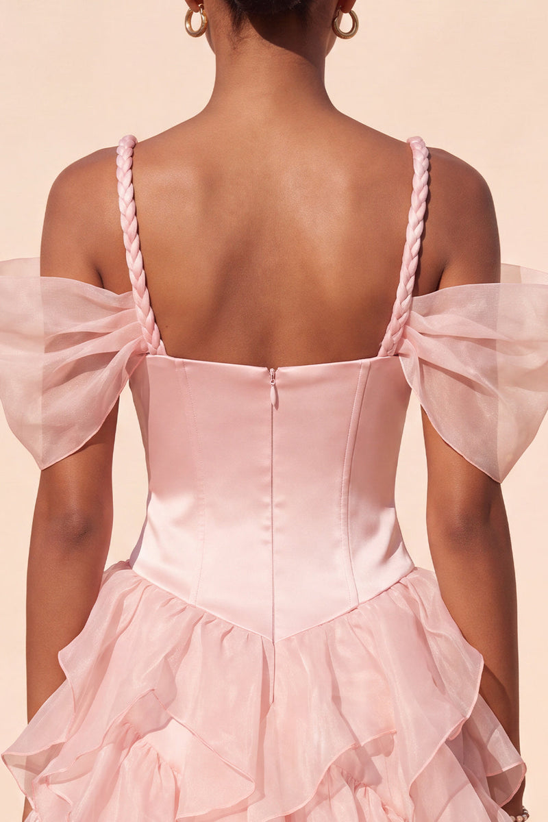 Load image into Gallery viewer, Pink Corset Cold Shoulder Ruffled A Line Short Cocktail Dress