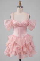 Load image into Gallery viewer, Pink Corset Cold Shoulder Ruffled A Line Short Cocktail Dress