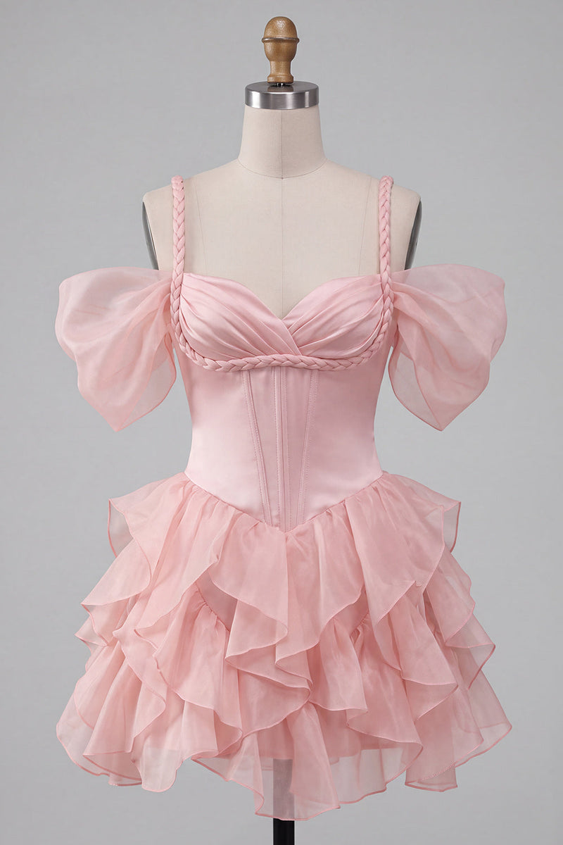 Load image into Gallery viewer, Pink Corset Cold Shoulder Ruffled A Line Short Cocktail Dress
