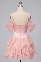 Load image into Gallery viewer, Pink Corset Cold Shoulder Ruffled A Line Short Cocktail Dress