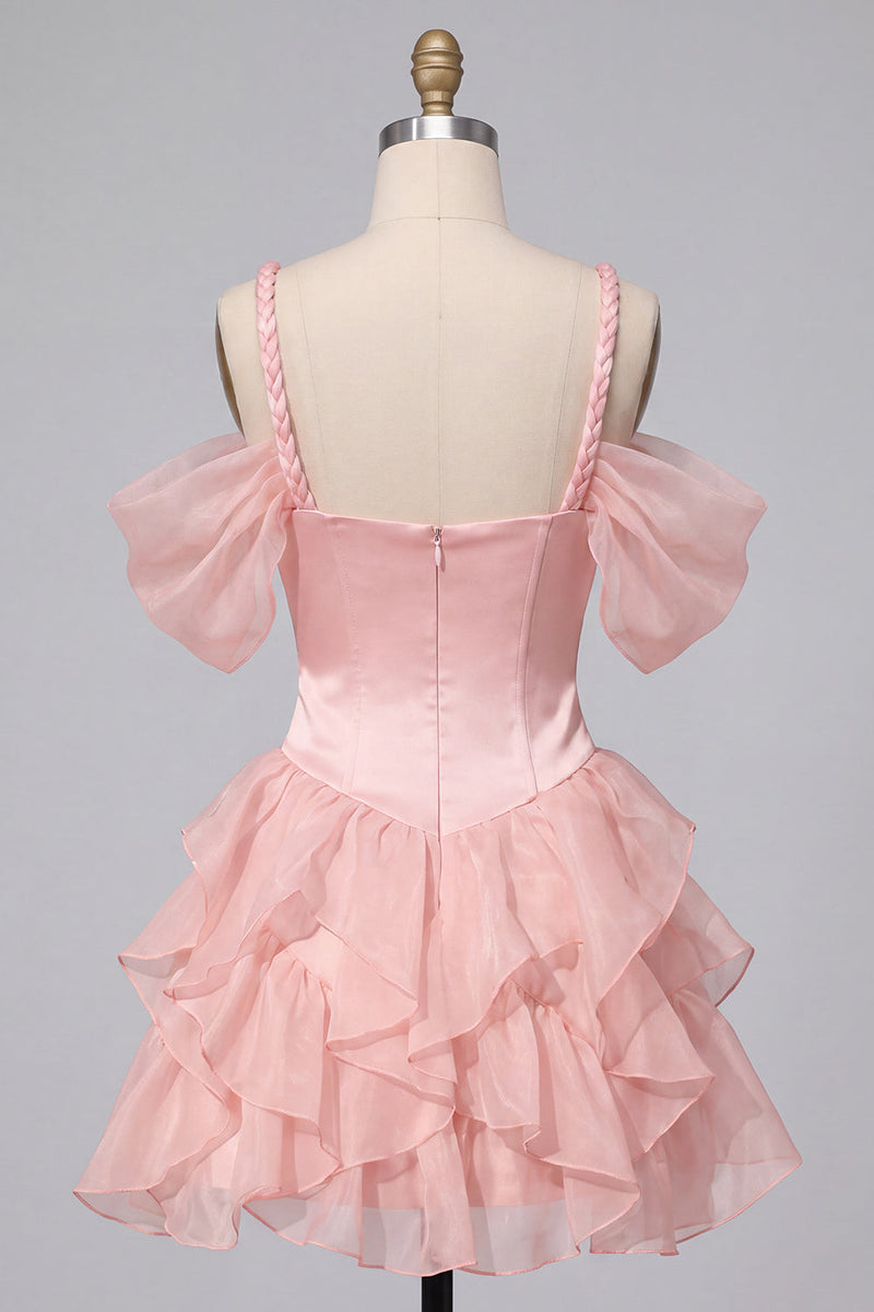 Load image into Gallery viewer, Pink Corset Cold Shoulder Ruffled A Line Short Cocktail Dress