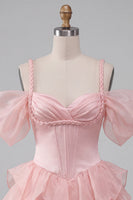 Load image into Gallery viewer, Pink Corset Cold Shoulder Ruffled A Line Short Cocktail Dress