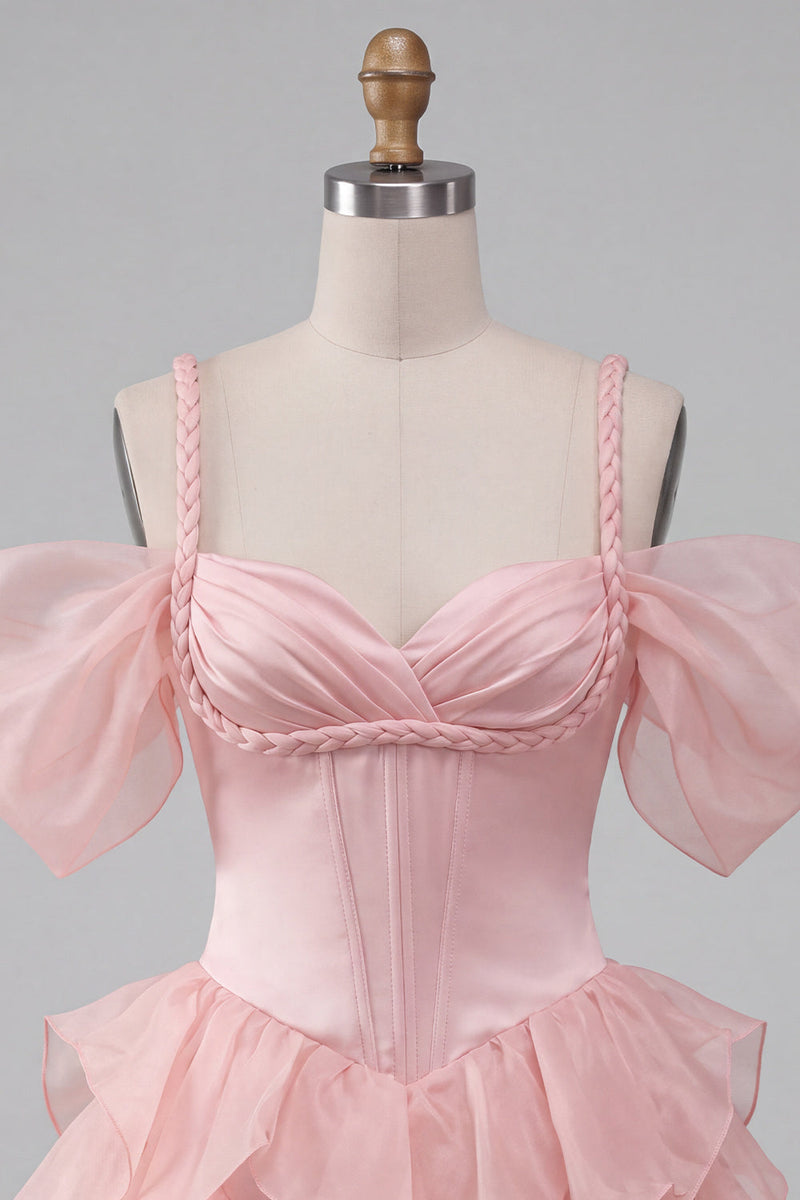Load image into Gallery viewer, Pink Corset Cold Shoulder Ruffled A Line Short Cocktail Dress