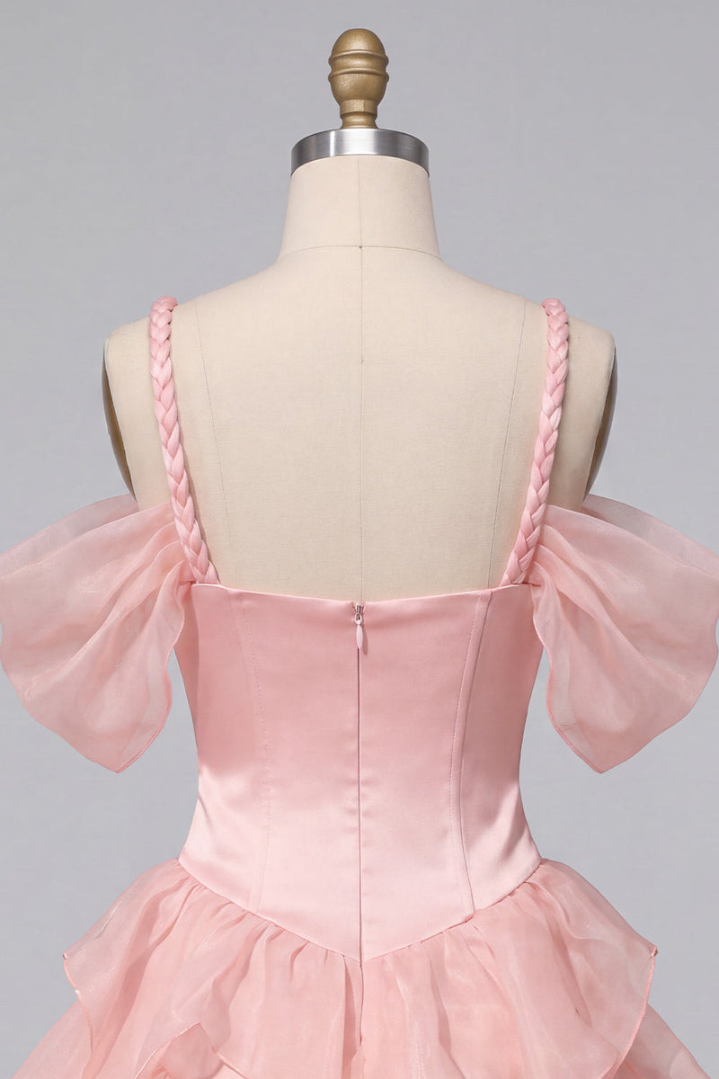 Load image into Gallery viewer, Pink Corset Cold Shoulder Ruffled A Line Short Cocktail Dress
