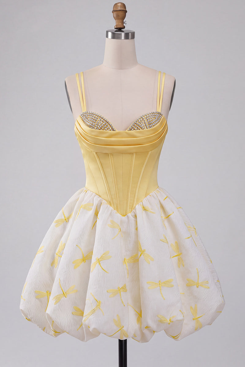 Load image into Gallery viewer, Yellow Corset Dragonfly Printed A Line Short Bubble Cocktail Dress