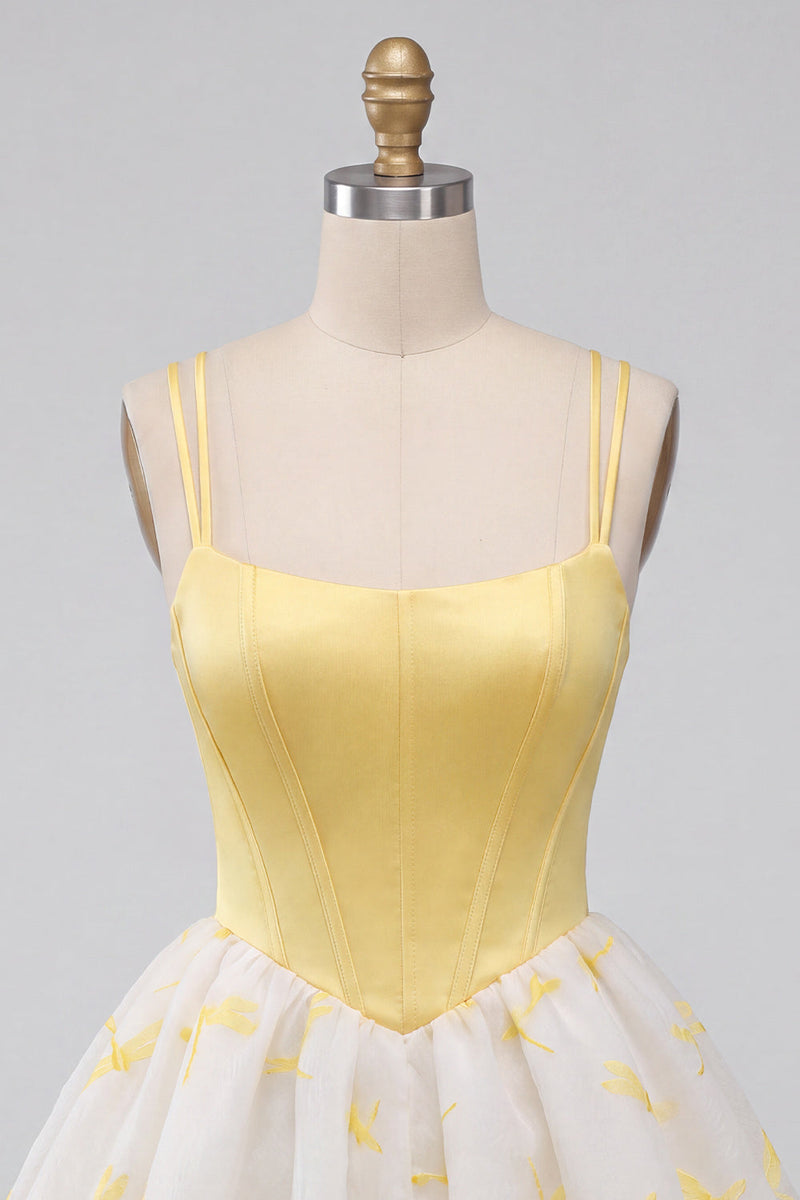 Load image into Gallery viewer, Yellow Corset Dragonfly Printed A Line Short Bubble Cocktail Dress