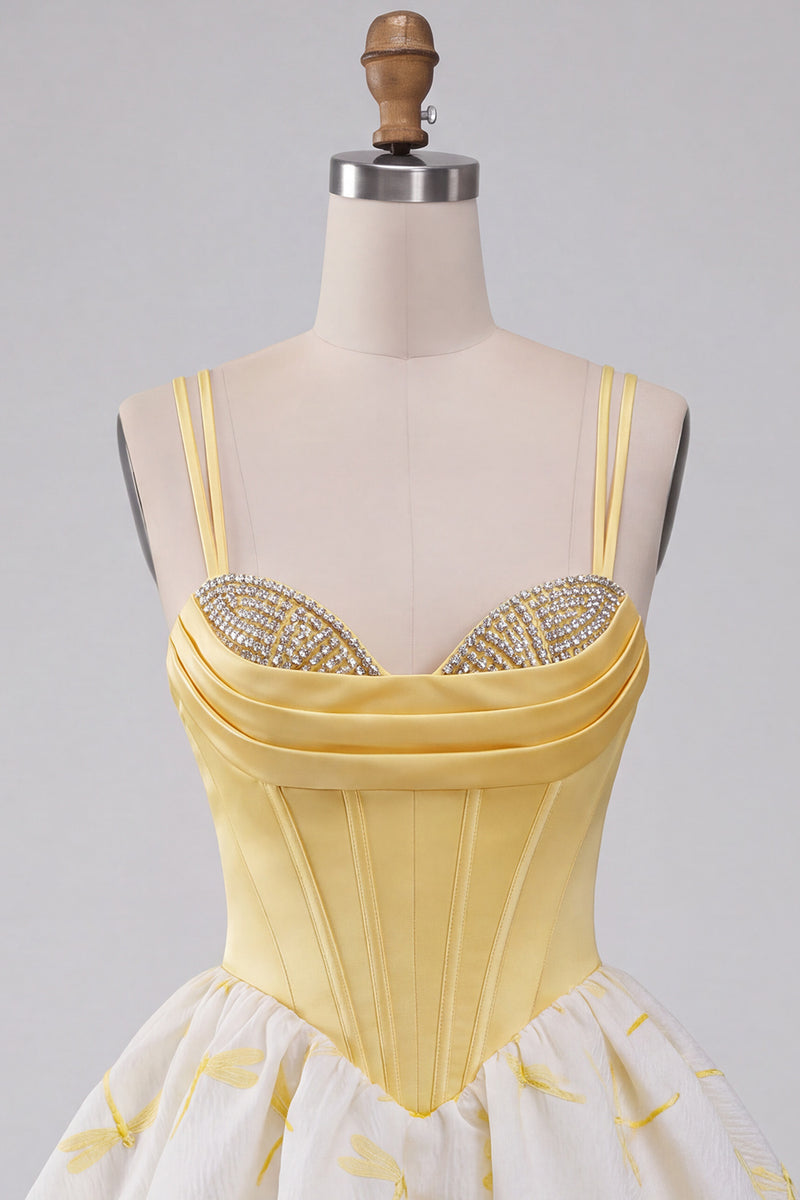 Load image into Gallery viewer, Yellow Corset Dragonfly Printed A Line Short Bubble Cocktail Dress
