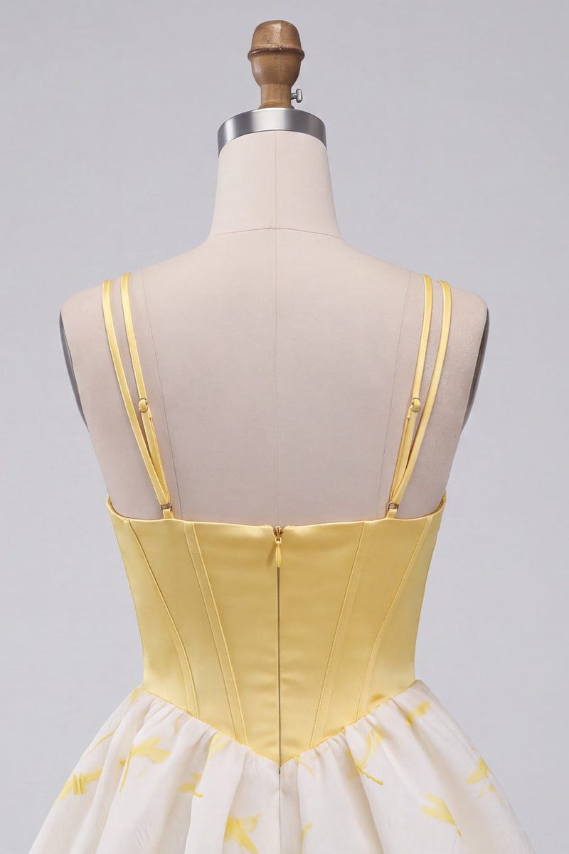 Load image into Gallery viewer, Yellow Corset Dragonfly Printed A Line Short Bubble Cocktail Dress