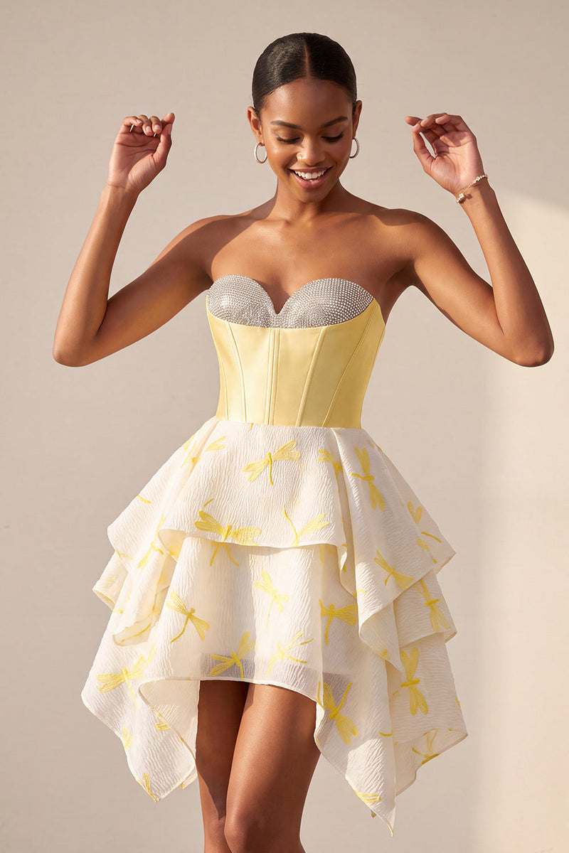 Load image into Gallery viewer, Sparkly Yellow Corset Dragonfly Printed Sweetheart A Line Mini Cocktail Dress