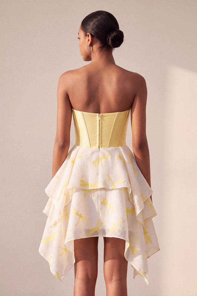 Load image into Gallery viewer, Sparkly Yellow Corset Dragonfly Printed Sweetheart A Line Mini Cocktail Dress