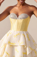 Load image into Gallery viewer, Sparkly Yellow Corset Dragonfly Printed Sweetheart A Line Mini Cocktail Dress