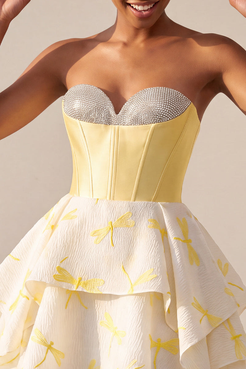 Load image into Gallery viewer, Sparkly Yellow Corset Dragonfly Printed Sweetheart A Line Mini Cocktail Dress