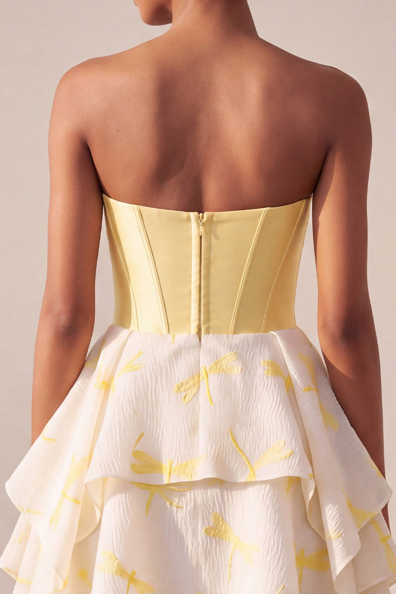Load image into Gallery viewer, Sparkly Yellow Corset Dragonfly Printed Sweetheart A Line Mini Cocktail Dress
