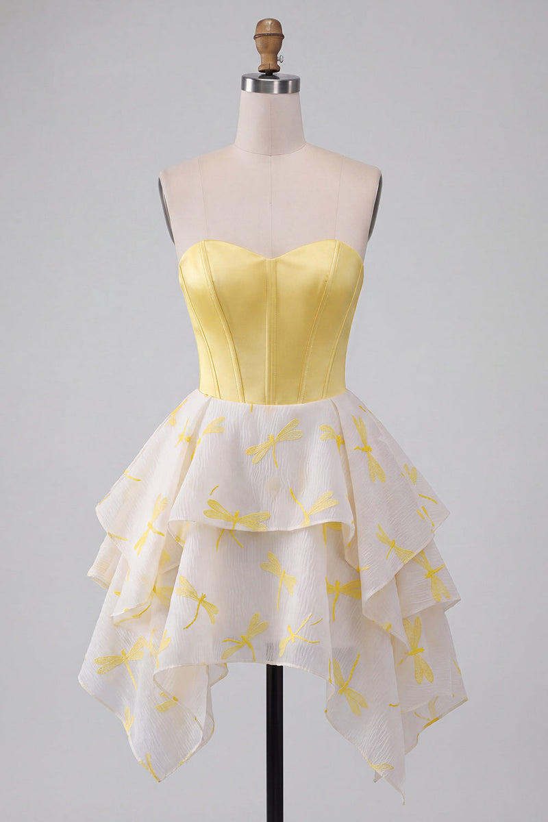 Load image into Gallery viewer, Sparkly Yellow Corset Dragonfly Printed Sweetheart A Line Mini Cocktail Dress