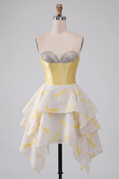 Load image into Gallery viewer, Sparkly Yellow Corset Dragonfly Printed Sweetheart A Line Mini Cocktail Dress