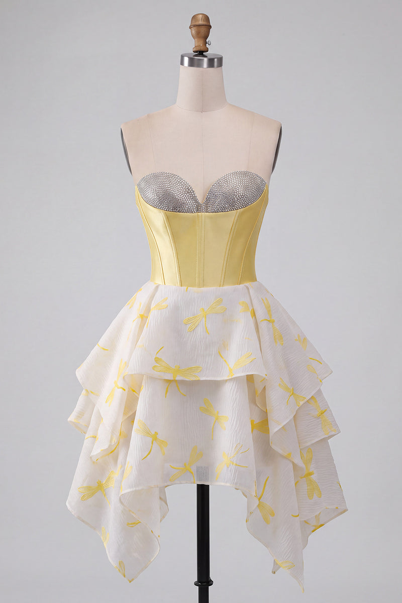 Load image into Gallery viewer, Sparkly Yellow Corset Dragonfly Printed Sweetheart A Line Mini Cocktail Dress