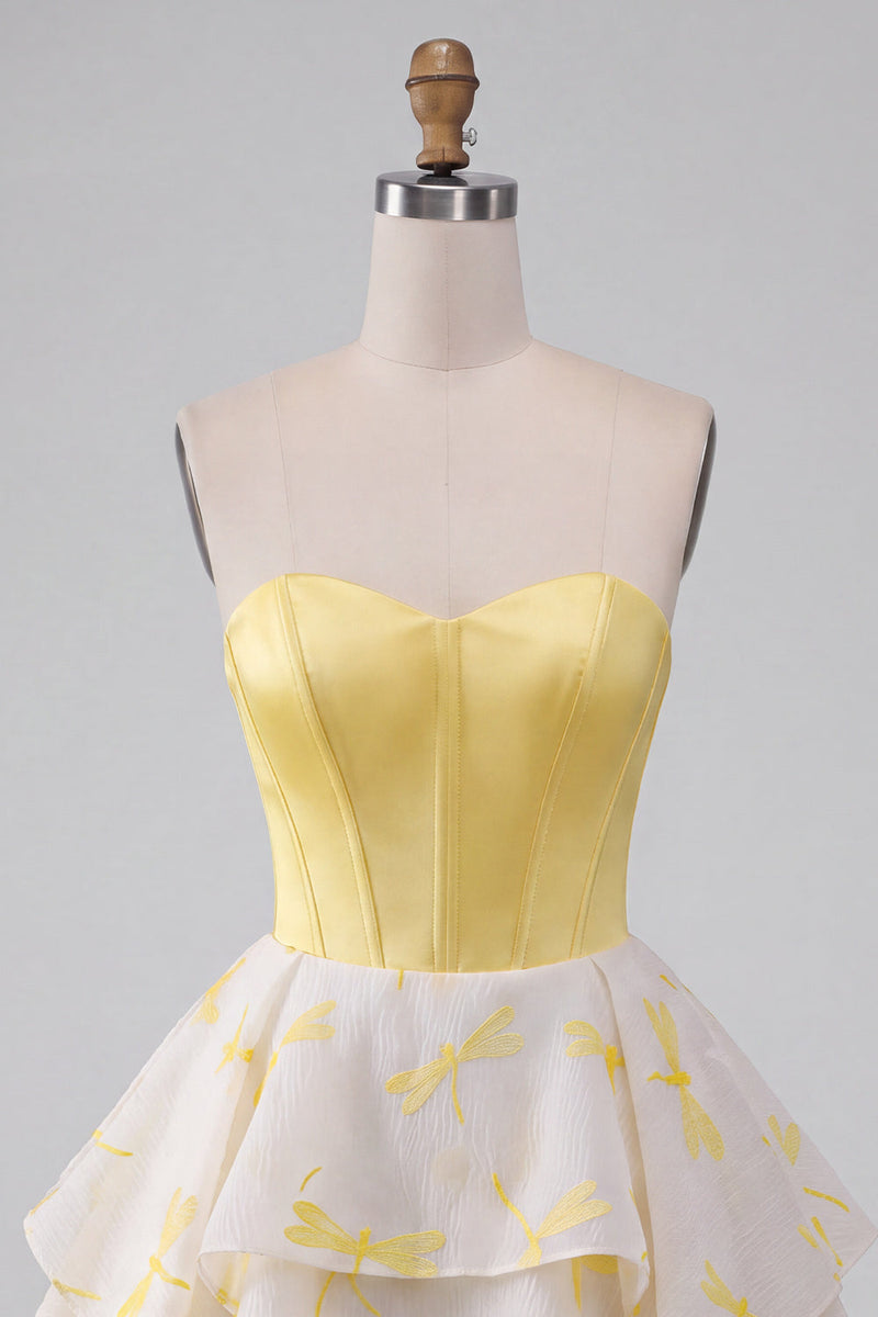 Load image into Gallery viewer, Sparkly Yellow Corset Dragonfly Printed Sweetheart A Line Mini Cocktail Dress