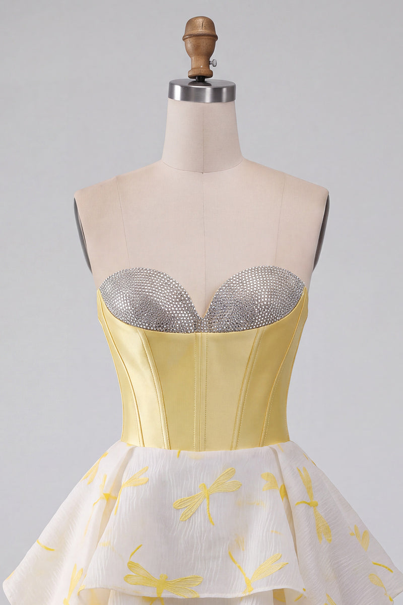 Load image into Gallery viewer, Sparkly Yellow Corset Dragonfly Printed Sweetheart A Line Mini Cocktail Dress