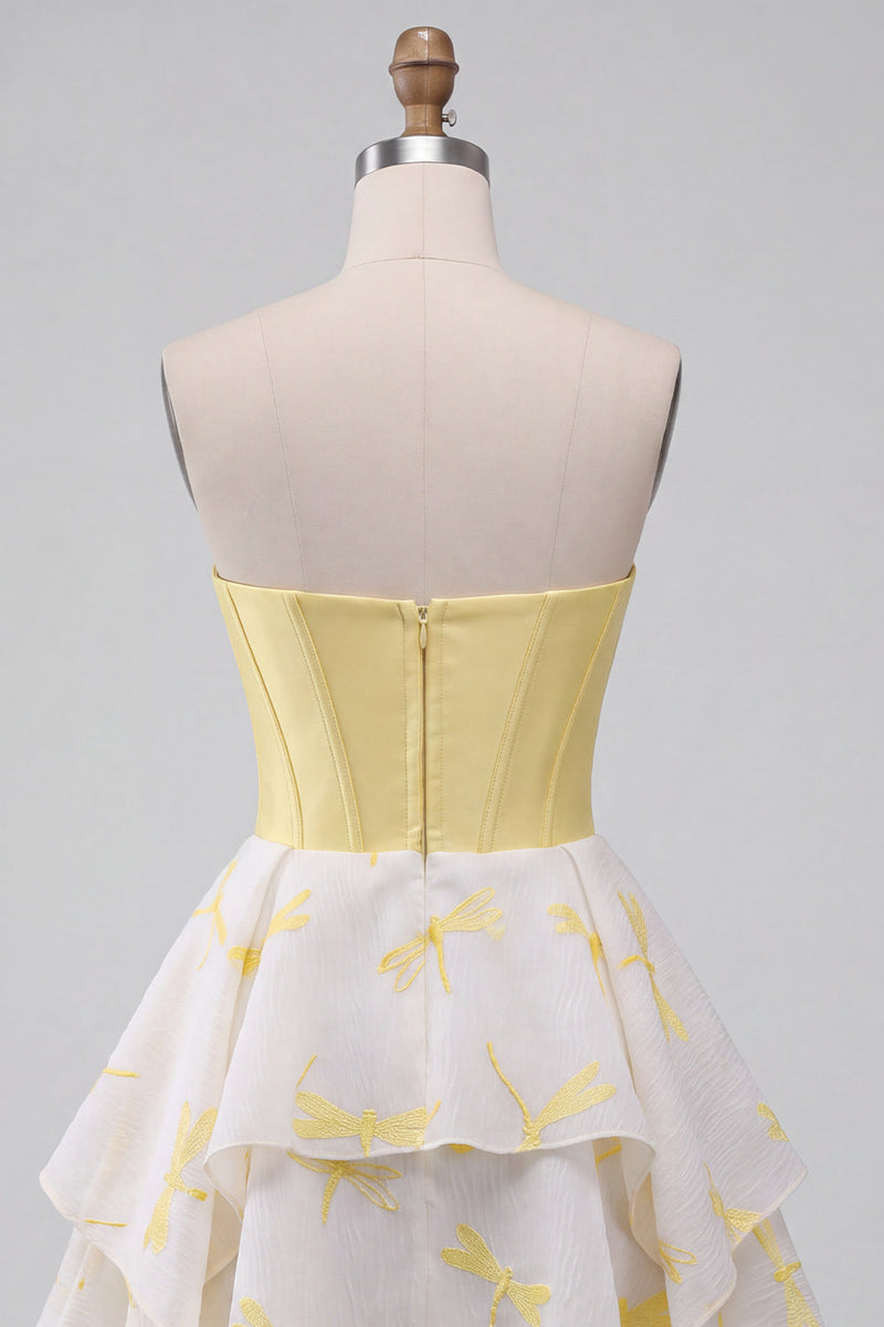 Load image into Gallery viewer, Sparkly Yellow Corset Dragonfly Printed Sweetheart A Line Mini Cocktail Dress