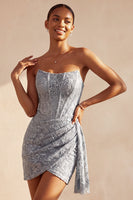 Load image into Gallery viewer, Grey Blue Strapless Sparkly Ruched Corset Short Cocktail Dress with Sash