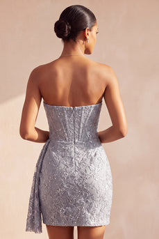 Grey Blue Strapless Sparkly Ruched Corset Short Cocktail Dress with Sash