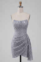 Load image into Gallery viewer, Grey Blue Strapless Sparkly Ruched Corset Short Cocktail Dress with Sash