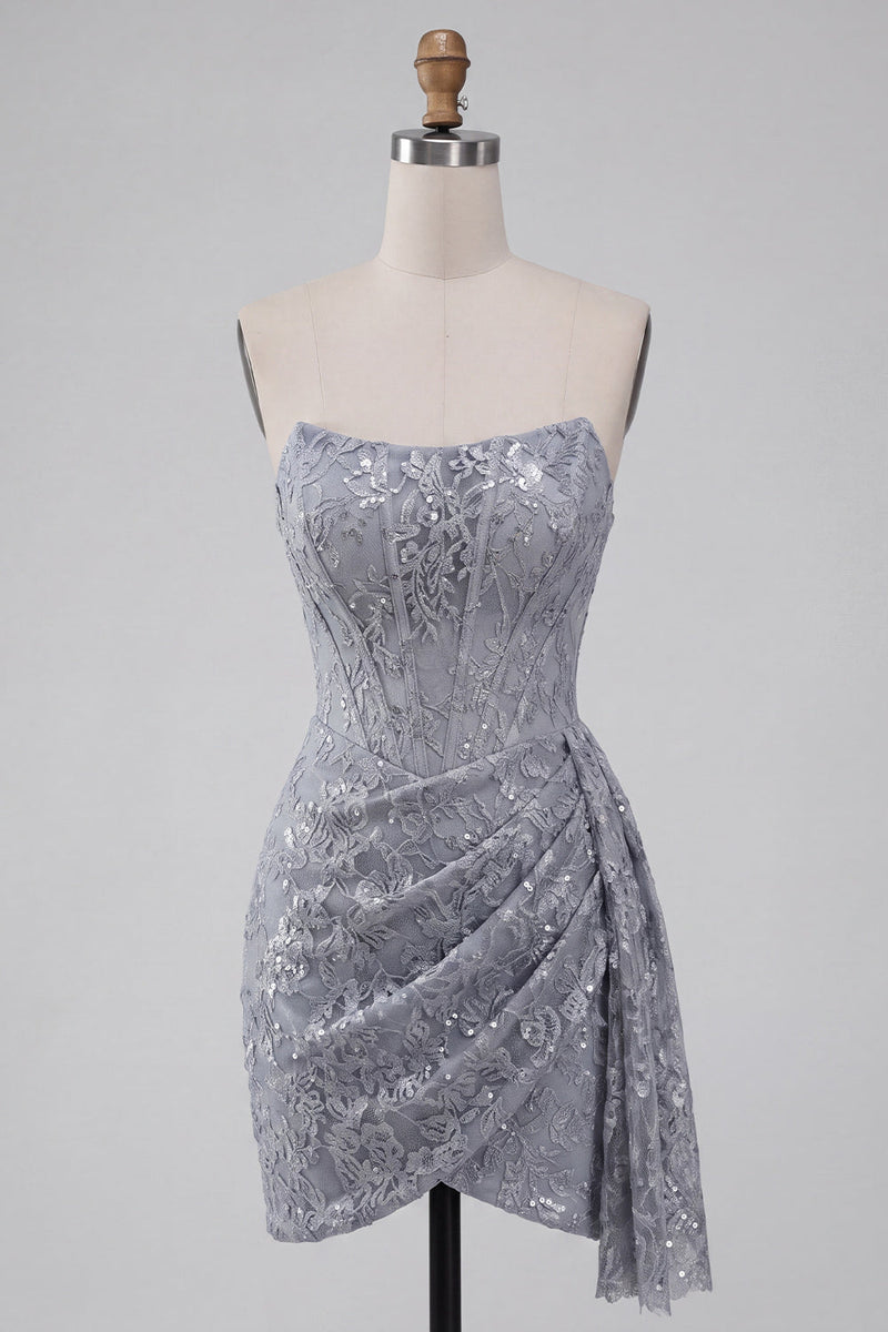 Load image into Gallery viewer, Grey Blue Strapless Sparkly Ruched Corset Short Cocktail Dress with Sash