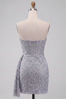 Load image into Gallery viewer, Grey Blue Strapless Sparkly Ruched Corset Short Cocktail Dress with Sash