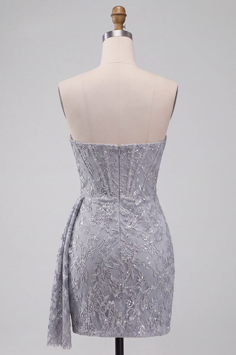 Load image into Gallery viewer, Grey Blue Strapless Sparkly Ruched Corset Short Cocktail Dress with Sash