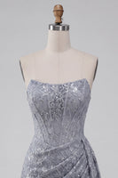 Load image into Gallery viewer, Grey Blue Strapless Sparkly Ruched Corset Short Cocktail Dress with Sash