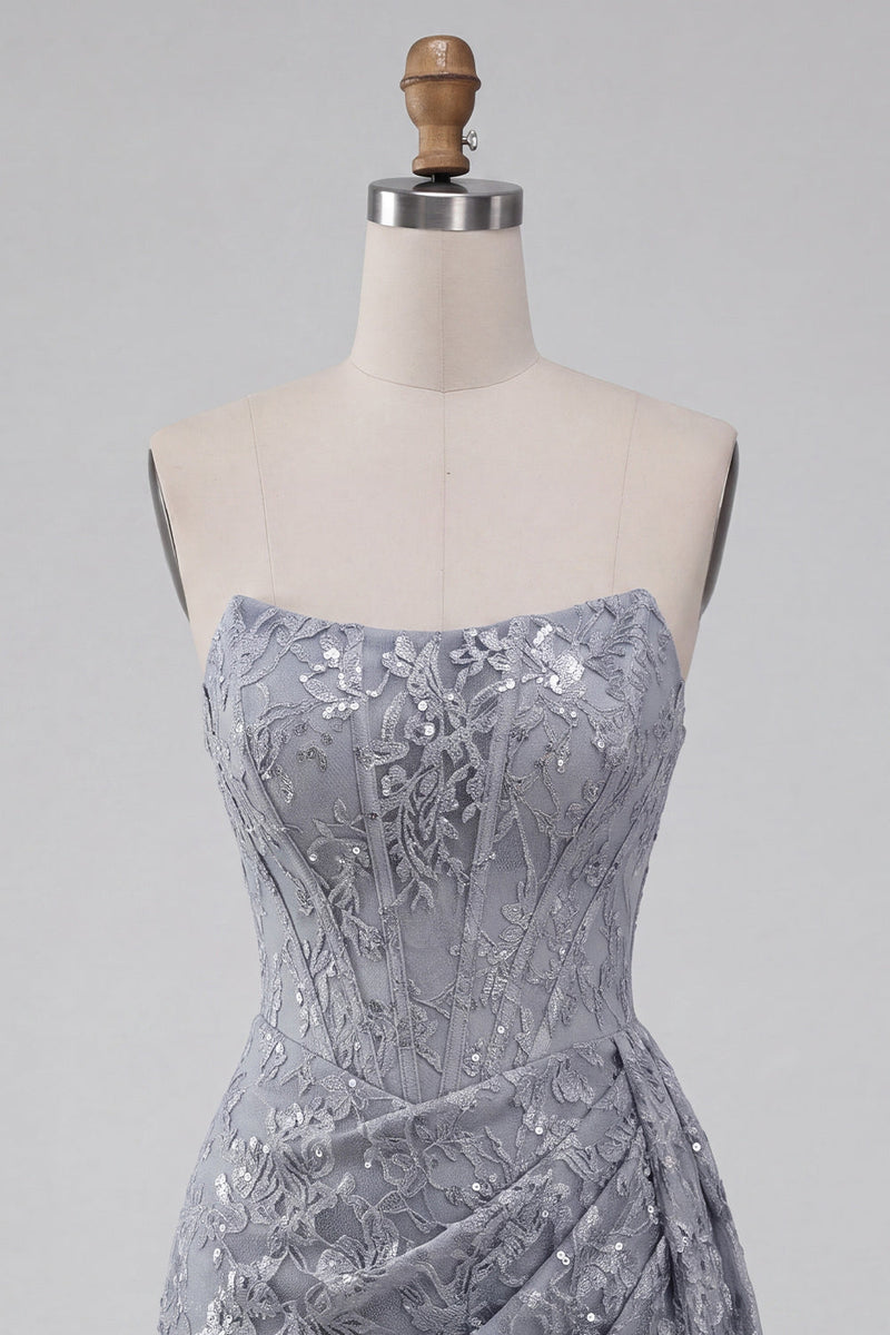 Load image into Gallery viewer, Grey Blue Strapless Sparkly Ruched Corset Short Cocktail Dress with Sash