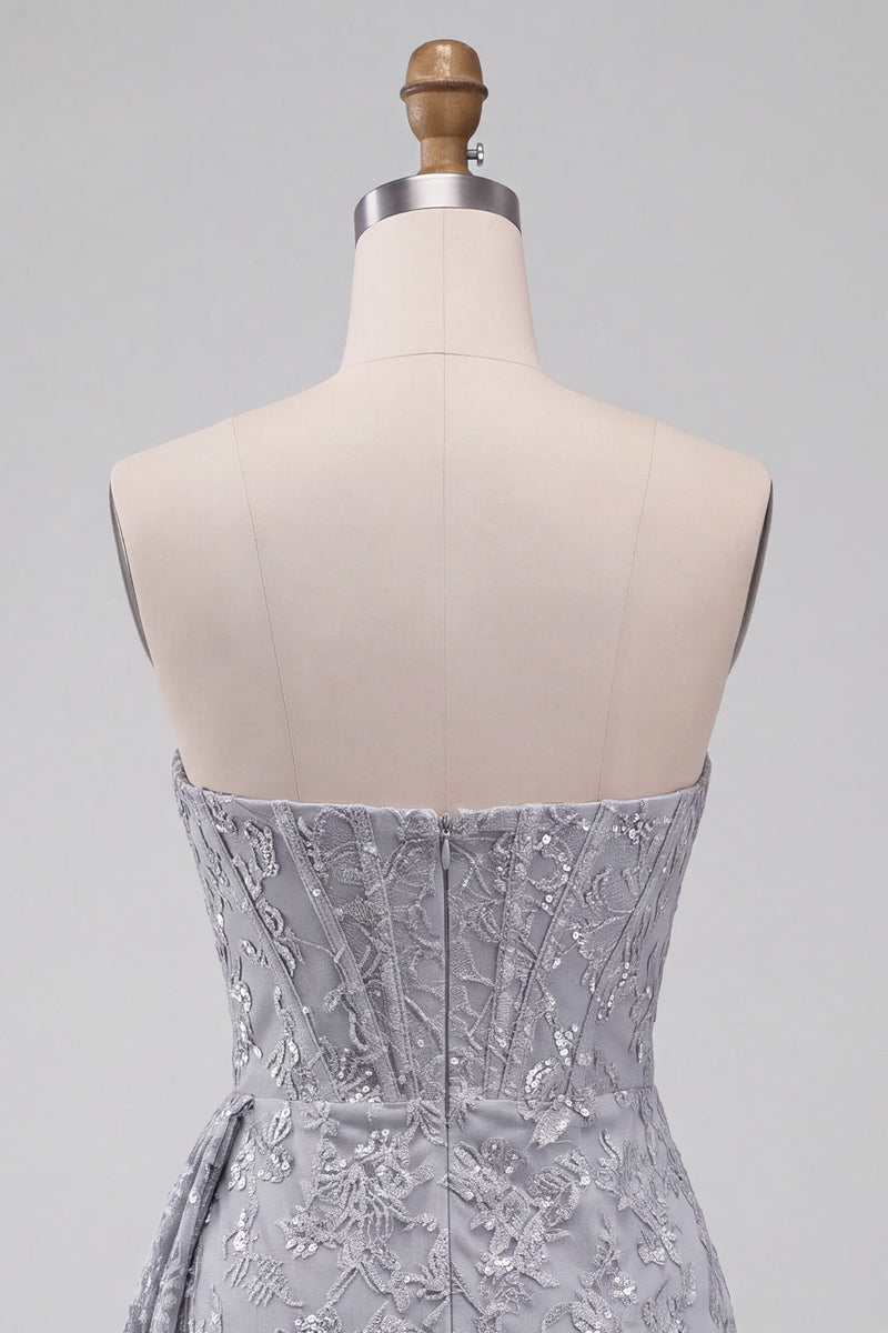 Load image into Gallery viewer, Grey Blue Strapless Sparkly Ruched Corset Short Cocktail Dress with Sash
