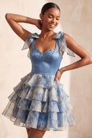 Load image into Gallery viewer, Grey Blue Printed Ruffled A Line Saprkly Beaded Mini Cocktail Dress