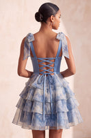 Load image into Gallery viewer, Grey Blue Printed Ruffled A Line Saprkly Beaded Mini Cocktail Dress