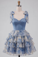 Load image into Gallery viewer, Grey Blue Printed Ruffled A Line Saprkly Beaded Mini Cocktail Dress