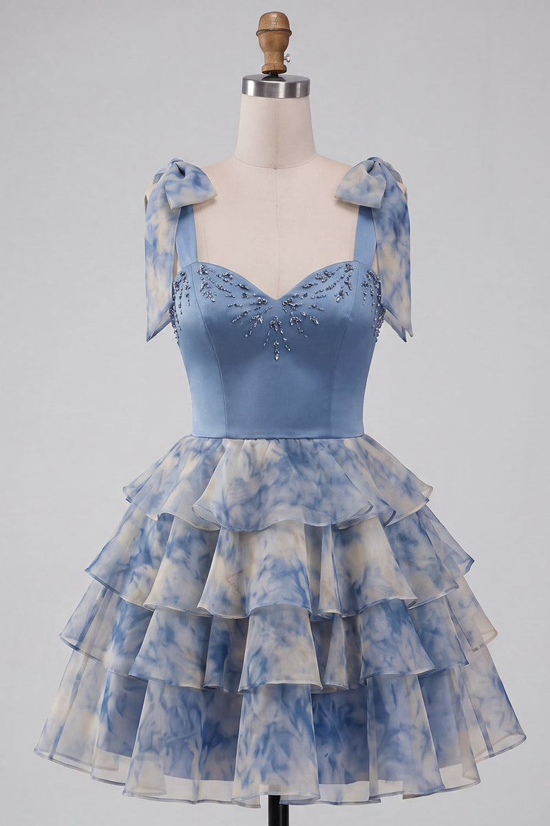 Load image into Gallery viewer, Grey Blue Printed Ruffled A Line Saprkly Beaded Mini Cocktail Dress