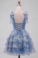 Load image into Gallery viewer, Grey Blue Printed Ruffled A Line Saprkly Beaded Mini Cocktail Dress