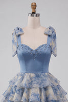 Load image into Gallery viewer, Grey Blue Printed Ruffled A Line Saprkly Beaded Mini Cocktail Dress
