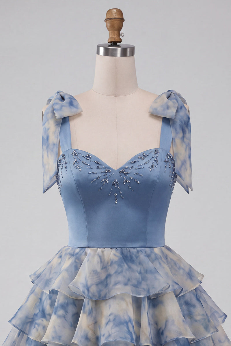 Load image into Gallery viewer, Grey Blue Printed Ruffled A Line Saprkly Beaded Mini Cocktail Dress