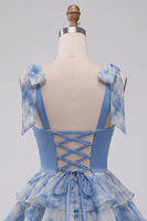 Load image into Gallery viewer, Grey Blue Printed Ruffled A Line Saprkly Beaded Mini Cocktail Dress