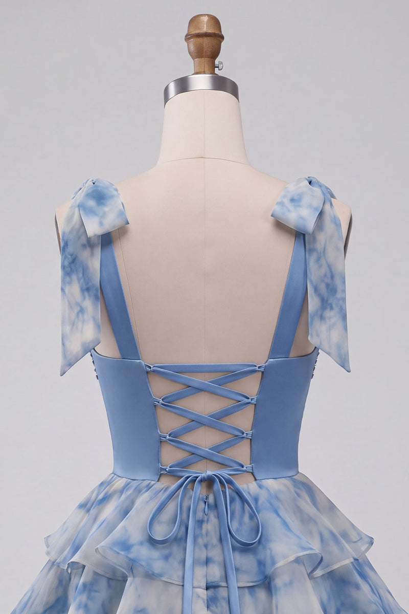 Load image into Gallery viewer, Grey Blue Printed Ruffled A Line Saprkly Beaded Mini Cocktail Dress