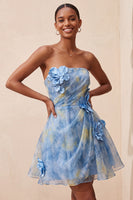 Load image into Gallery viewer, Grey Blue Printed A-Line Strapless Mini Cocktail Dress with 3D Flowers