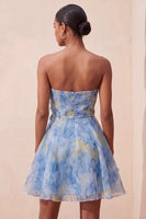 Load image into Gallery viewer, Grey Blue Printed A-Line Strapless Mini Cocktail Dress with 3D Flowers