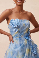 Load image into Gallery viewer, Grey Blue Printed A-Line Strapless Mini Cocktail Dress with 3D Flowers