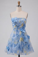 Load image into Gallery viewer, Grey Blue Printed A-Line Strapless Mini Cocktail Dress with 3D Flowers